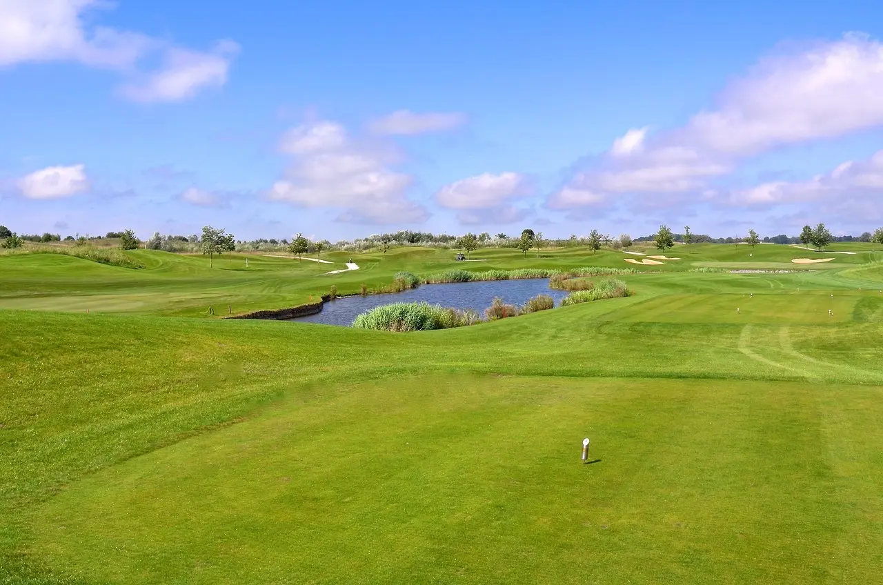 Golfbane med fairway, vandhazard og bunkere