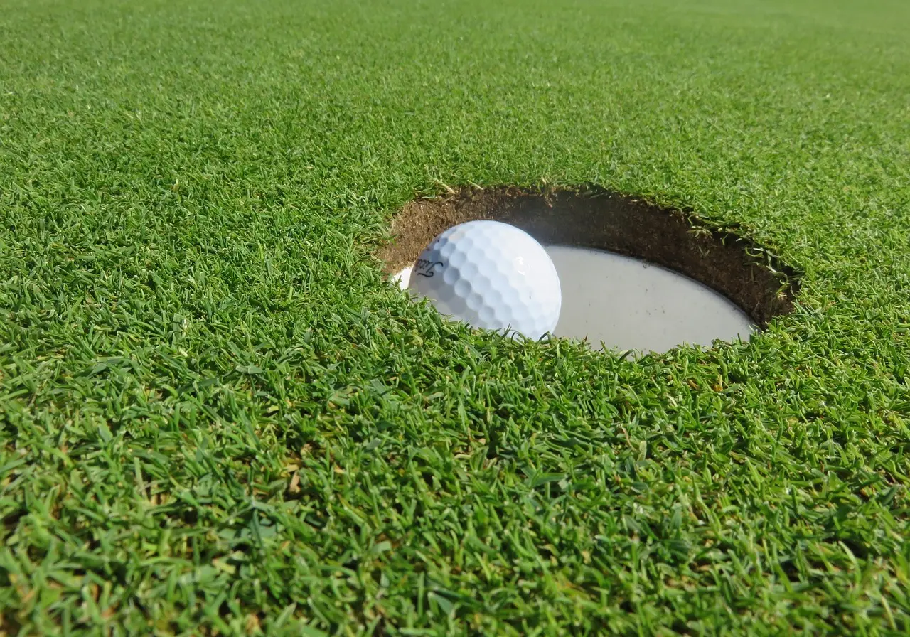 Golfbold i et hul på en green
