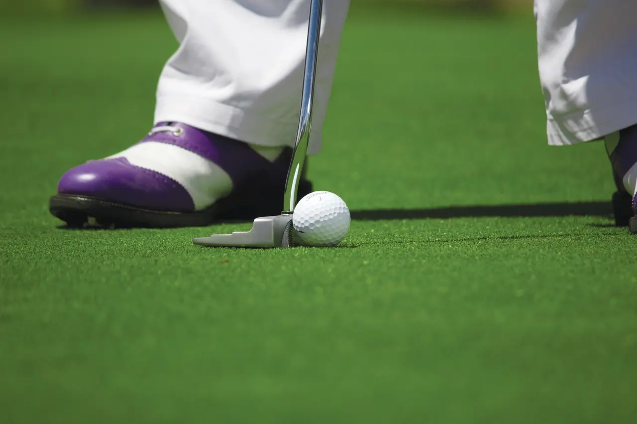 Golfbold ved en putter på green med golfsko