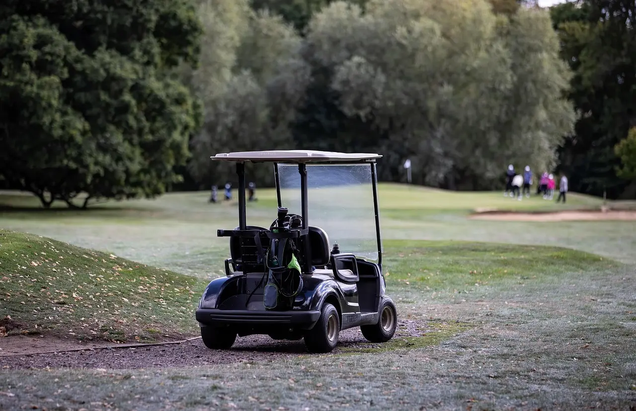 Golfbuggy parkeret på en golfbane med spillere i baggrunden